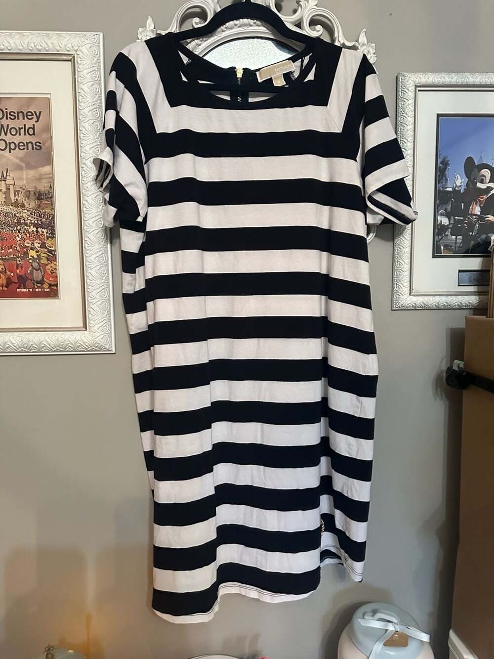 Michael Kors Striped T-Shirt Dress with Gold Zip Detail and Logo Accent, Size 1X